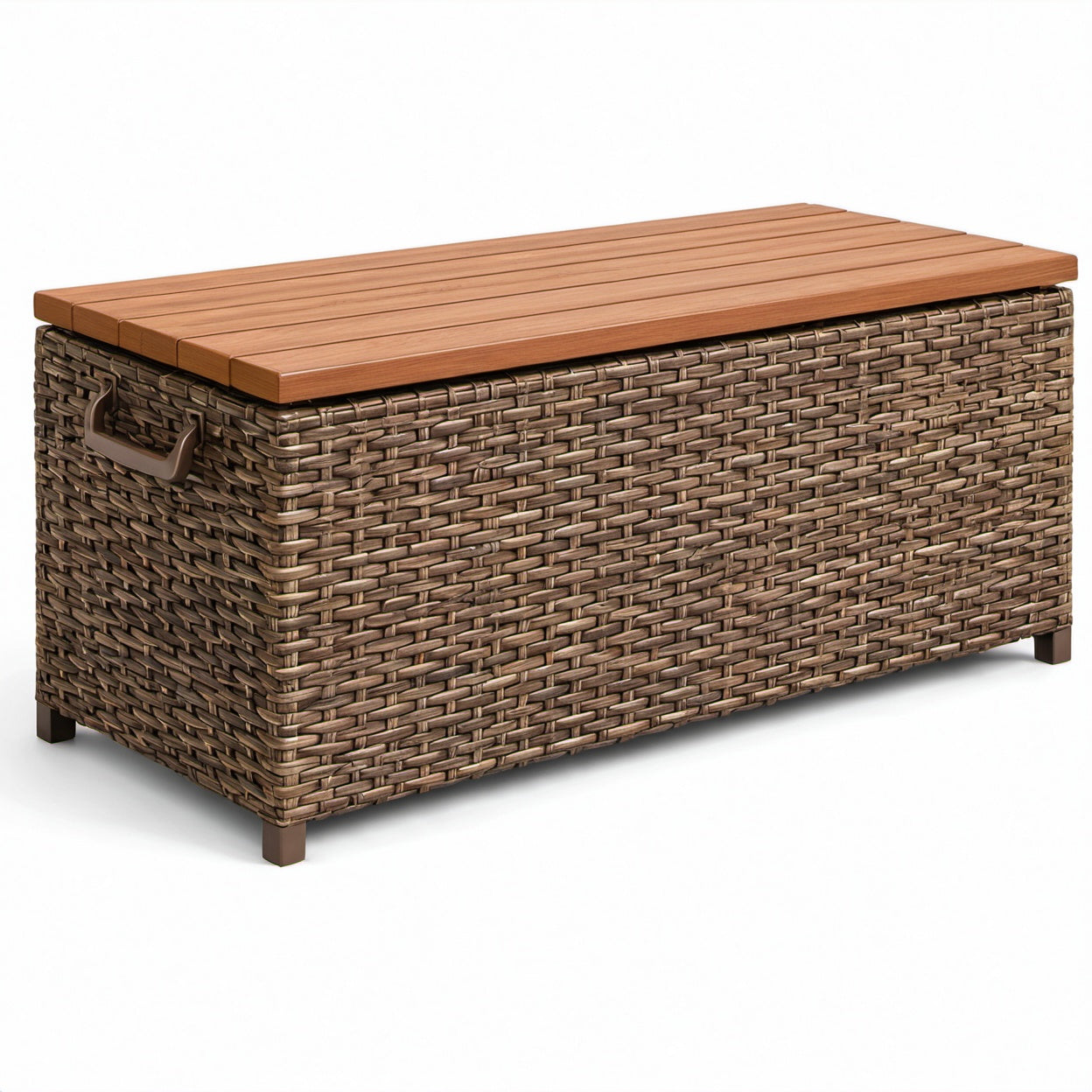 Baule contenitore da esterno in rattan sintetico marrone con coperchio effetto legno, 120 × 55 × 60 cm