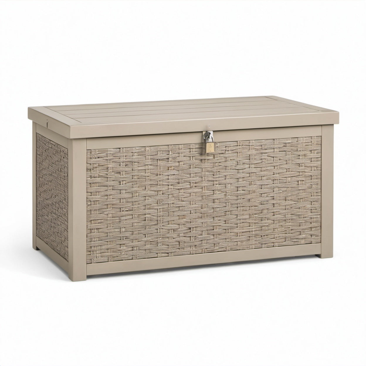 Baule da esterno in metallo e polyrattan tortora, 120 × 60 × 65 cm, con coperchio e chiusura per lucchetto