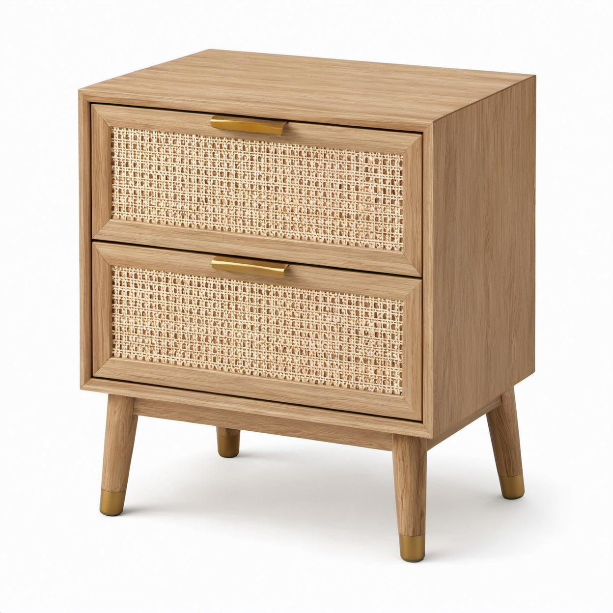 Comodino in legno e rattan naturale con 2 cassetti, rovere naturale, beige e oro, 50 × 40 × 60 cm