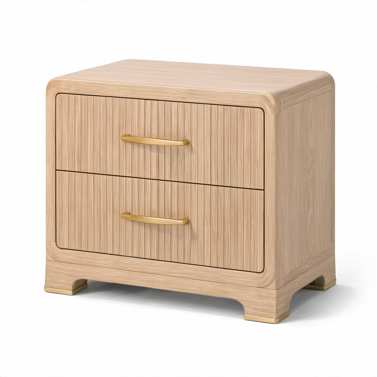 Comodino in rovere chiaro con dettagli dorati e 2 cassetti, 60 × 40 × 60 cm