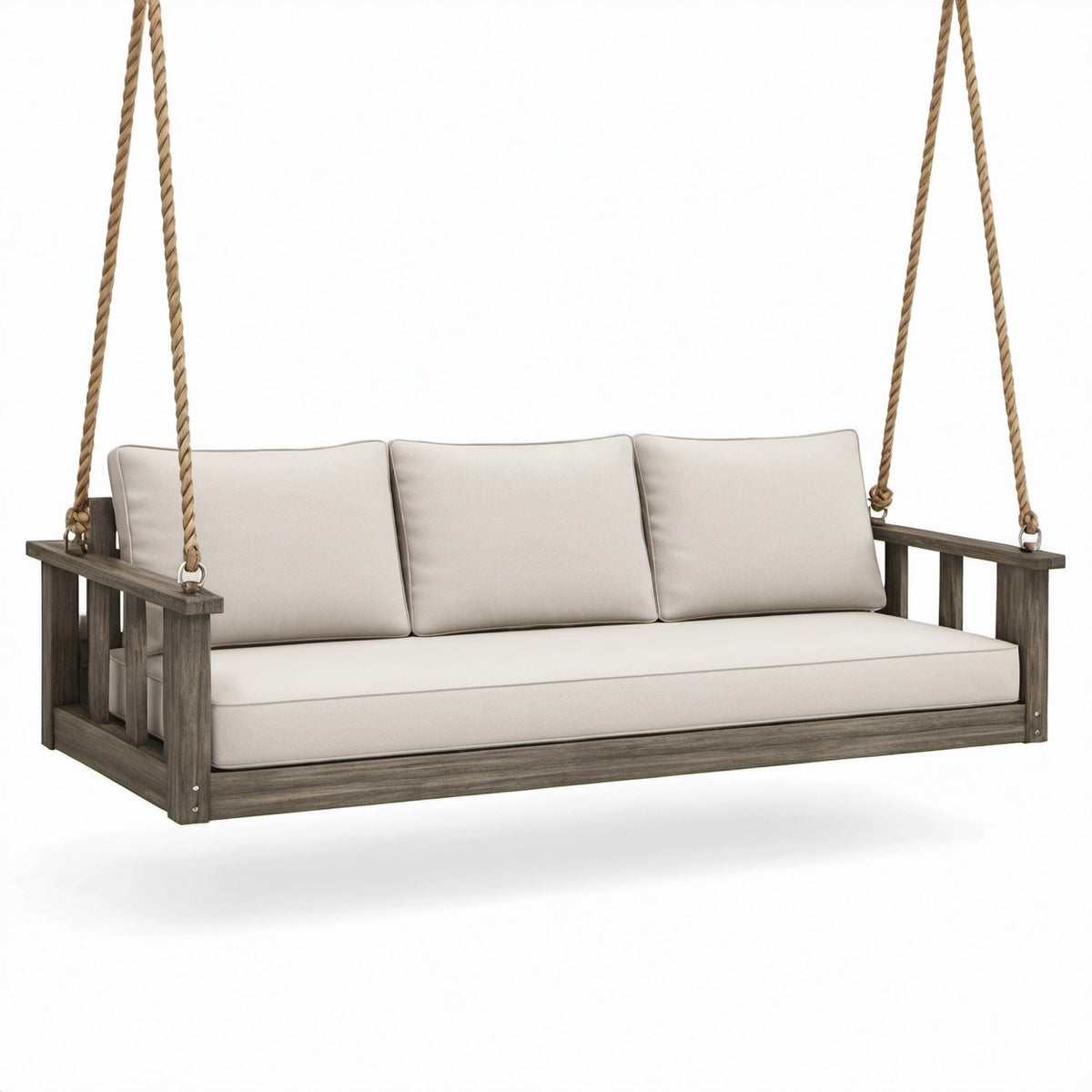 Divano a dondolo sospeso da esterno a 3 posti, 190 × 80 × 60 cm, legno grigio con cuscini beige e corde marroni