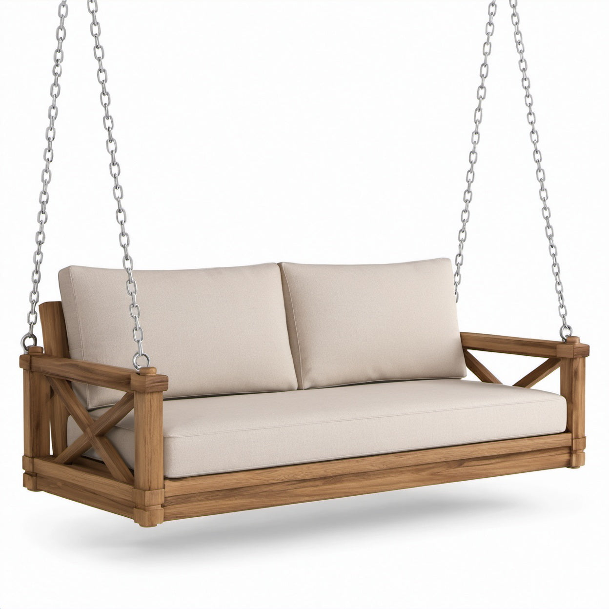 Divano a dondolo sospeso da esterno a 2 posti, 180 × 85 × 65 cm, beige, marrone e argento, stile rustico