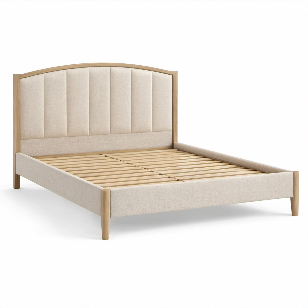 Letto matrimoniale beige e legno naturale 170 × 215 × 120 cm con testiera imbottita e rete a doghe