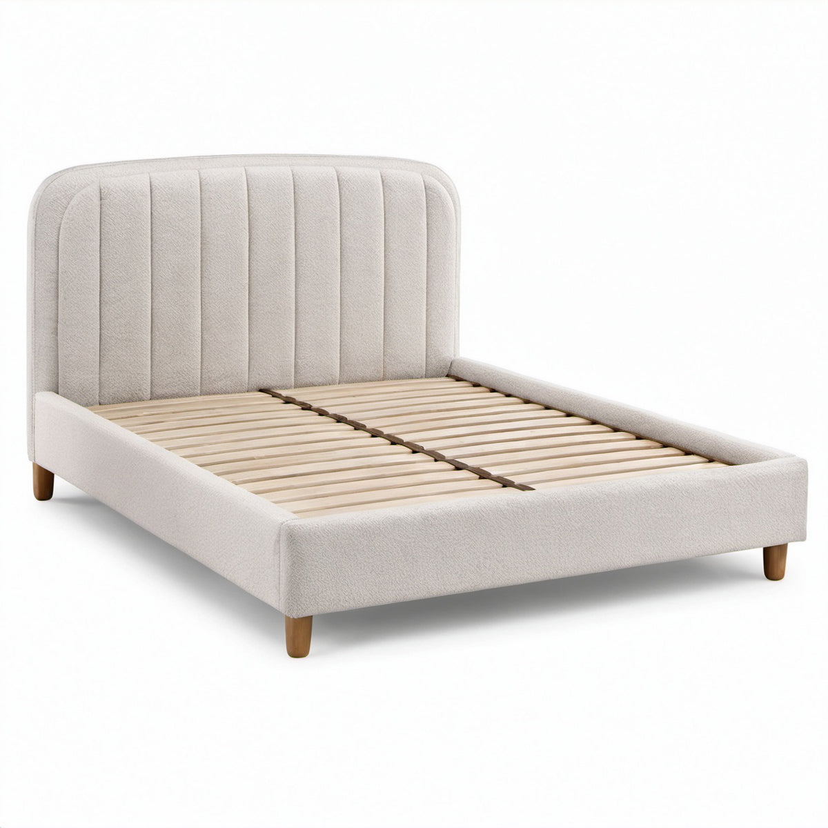 Letto matrimoniale imbottito in bouclé bianco crema 175 × 215 × 110 cm, con rete a doghe, per materasso 160 × 200 cm