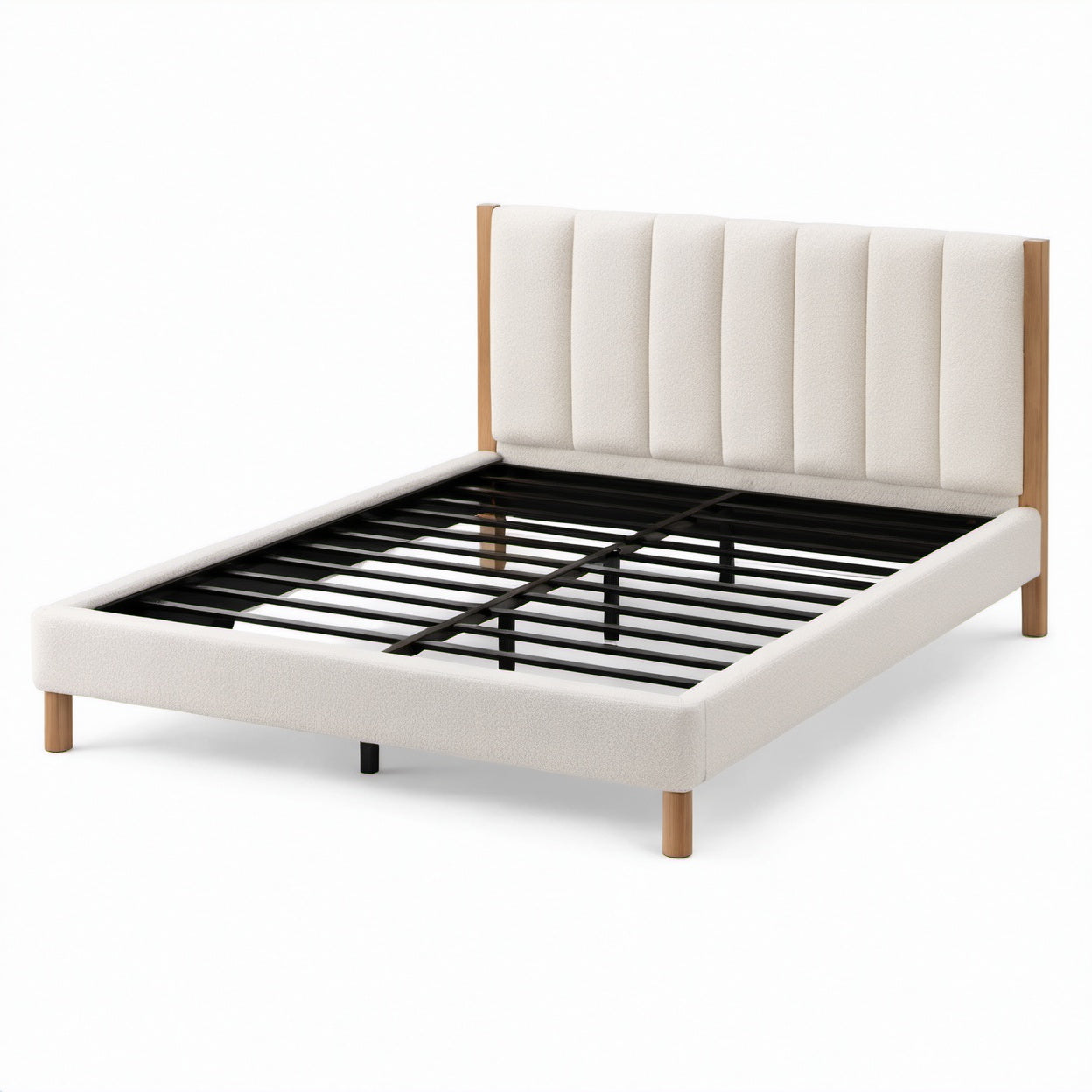 Letto matrimoniale avorio in tessuto bouclé con testiera imbottita, 215 × 170 × 110 cm, per materasso 160 × 200 cm