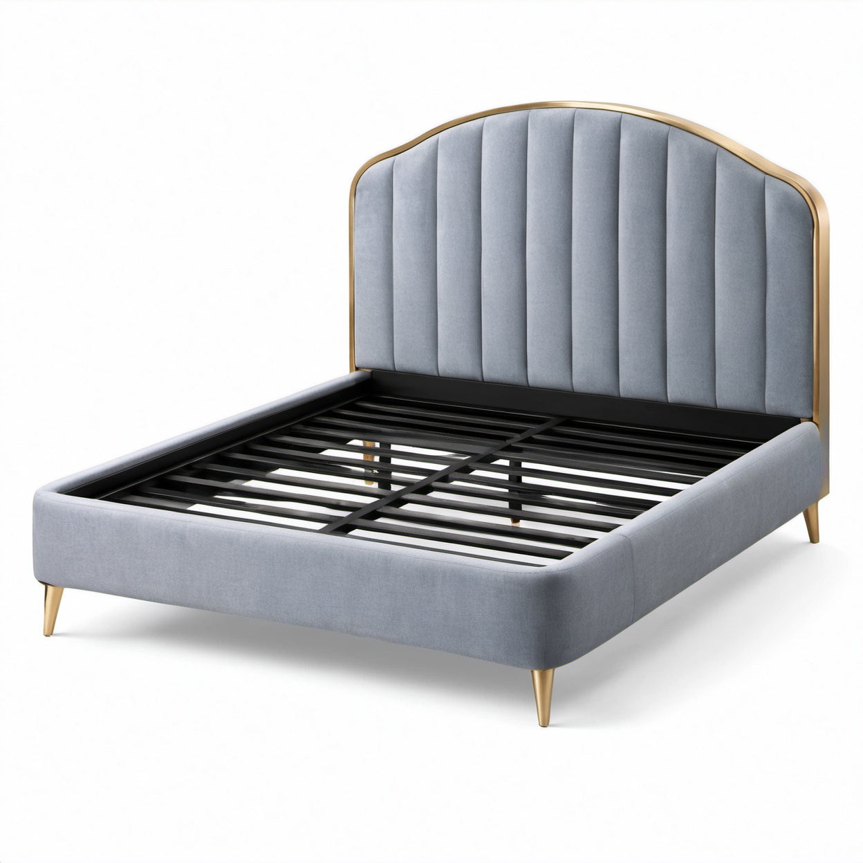 Letto matrimoniale imbottito grigio con dettagli dorati e rete a doghe, 170 × 215 × 125 cm, per materasso 160 × 200 cm