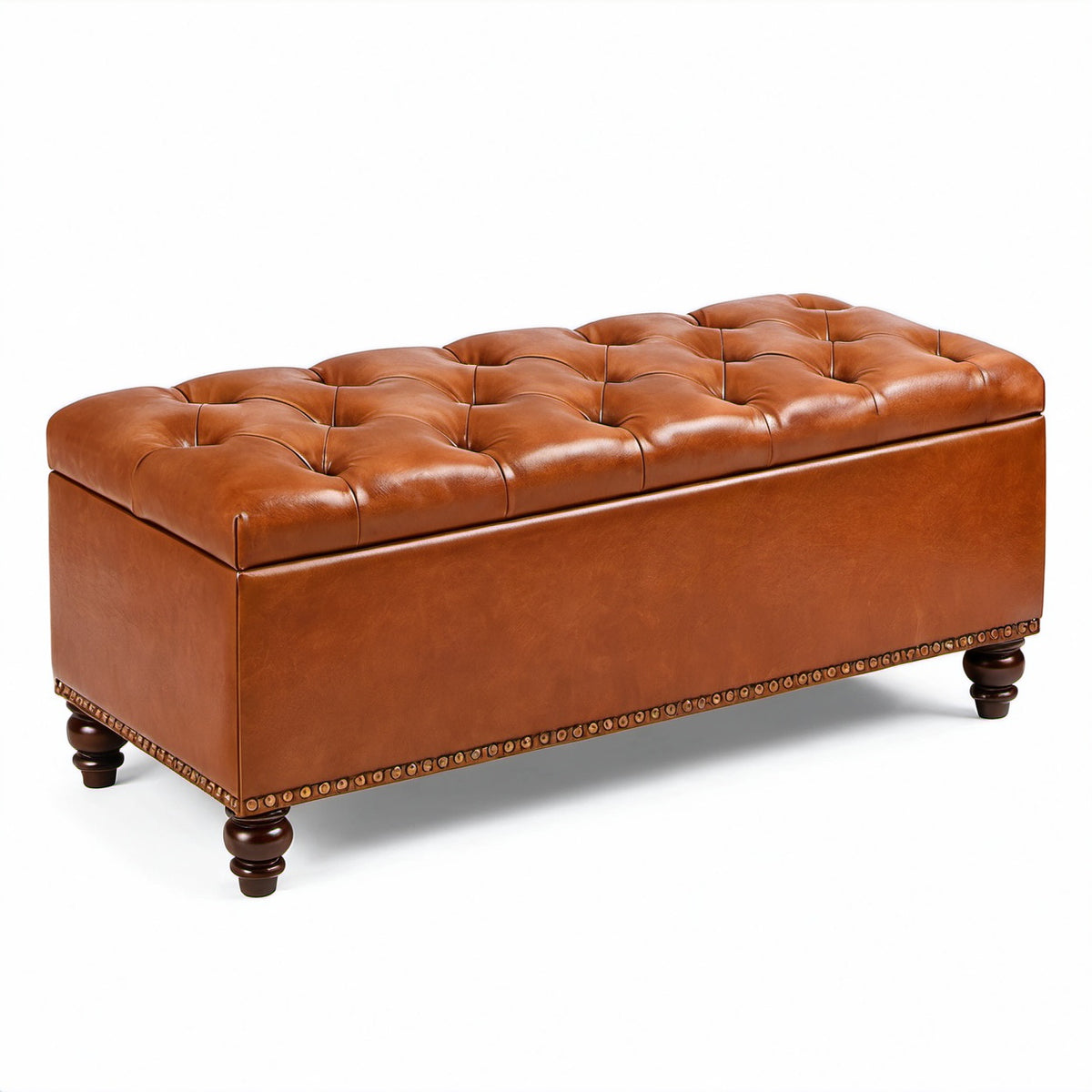 Panca imbottita effetto pelle cognac 120 × 45 × 48 cm con seduta capitonné e gambe in legno