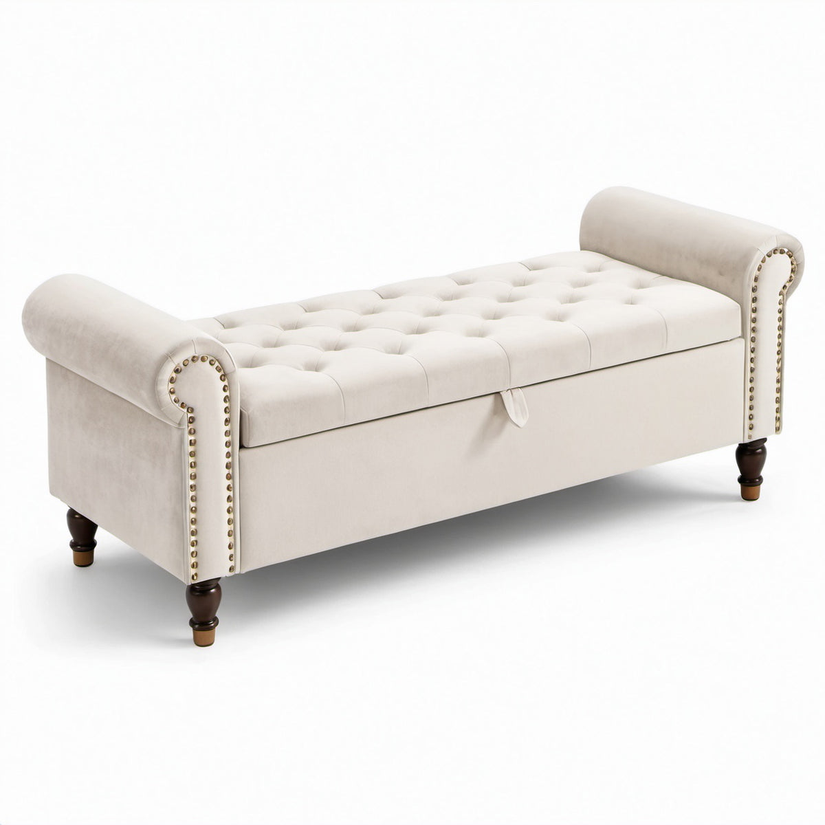 Panca contenitore capitonné in velluto beige con braccioli arrotolati, 145 × 50 × 64 cm