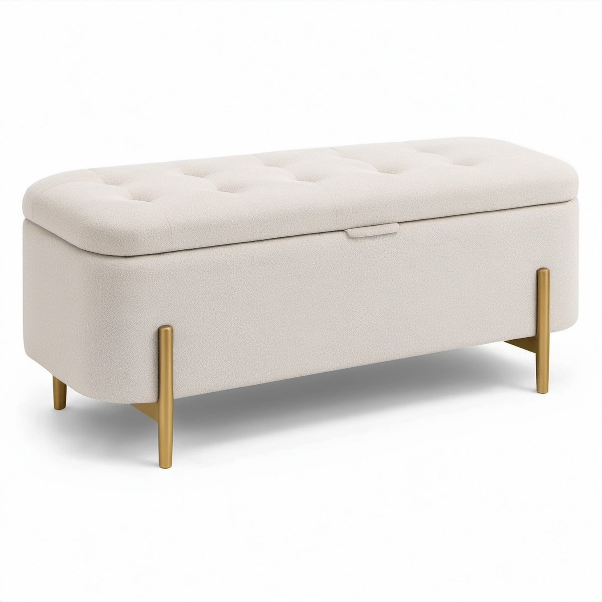 Panca contenitore imbottita 110 x 40 x 45 cm in tessuto bouclé beige con gambe dorate