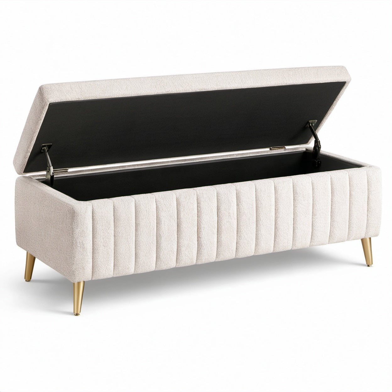 Panca contenitore moderna in bouclé crema con gambe dorate, 120 x 40 x 45 cm