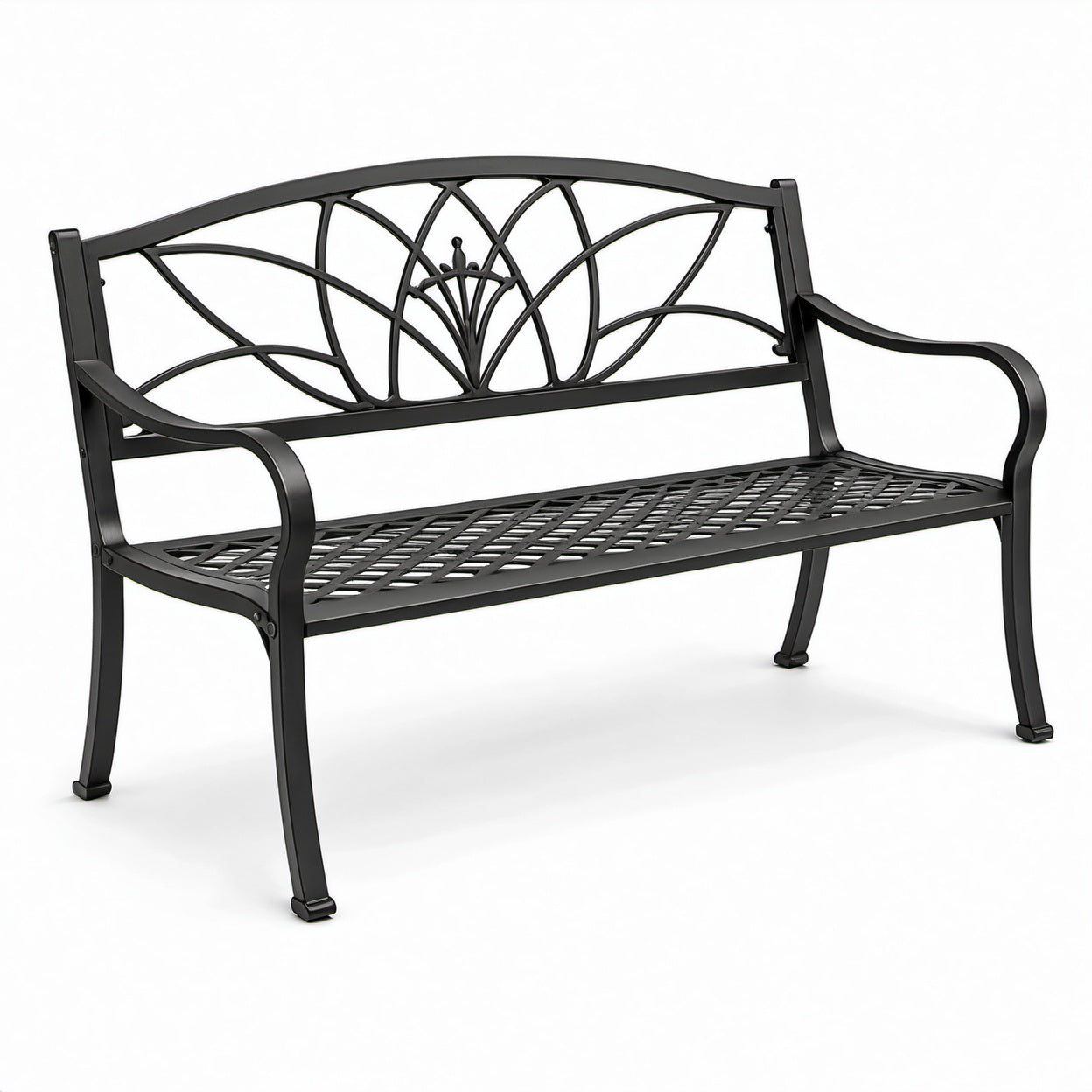 Panca da giardino nera a 2 posti con schienale decorativo, 127 × 60 × 85 cm