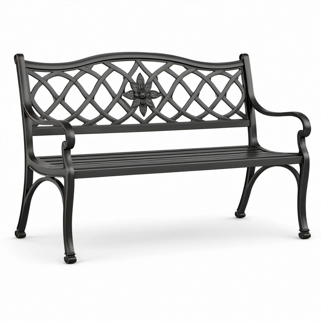 Panchina da giardino a 2 posti in metallo nero con schienale decorativo, 127 × 60 × 85 cm