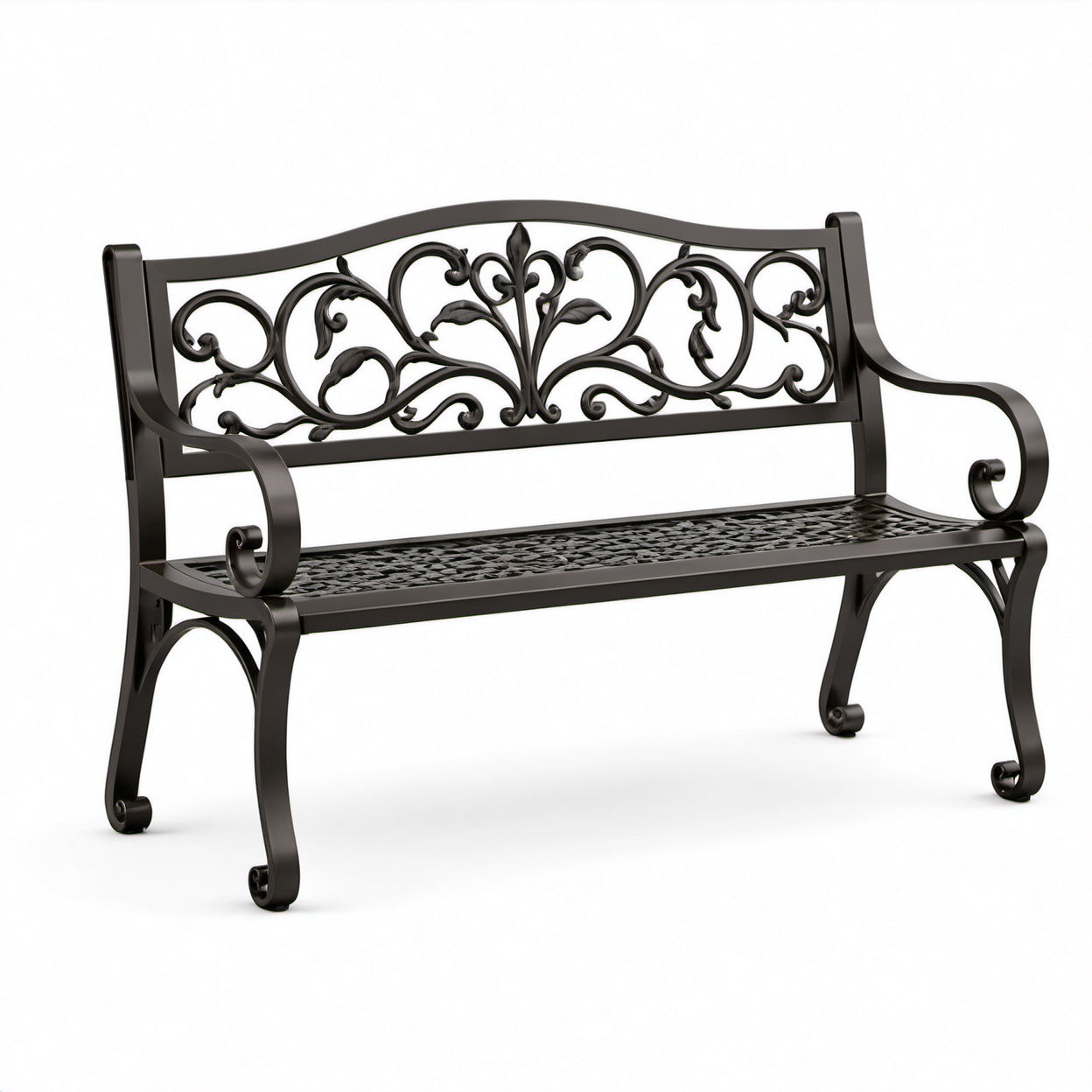 Panca da giardino in metallo nero con schienale floreale, 127 × 60 × 87 cm