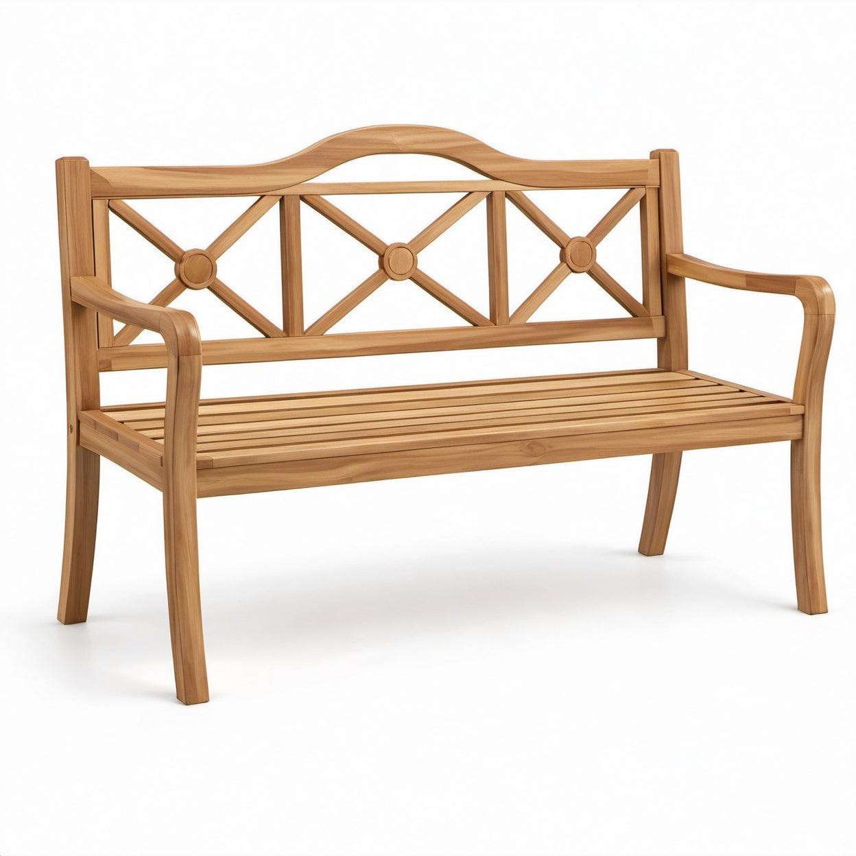 Panca da giardino a 3 posti in legno marrone chiaro con braccioli, 150 × 60 × 90 cm