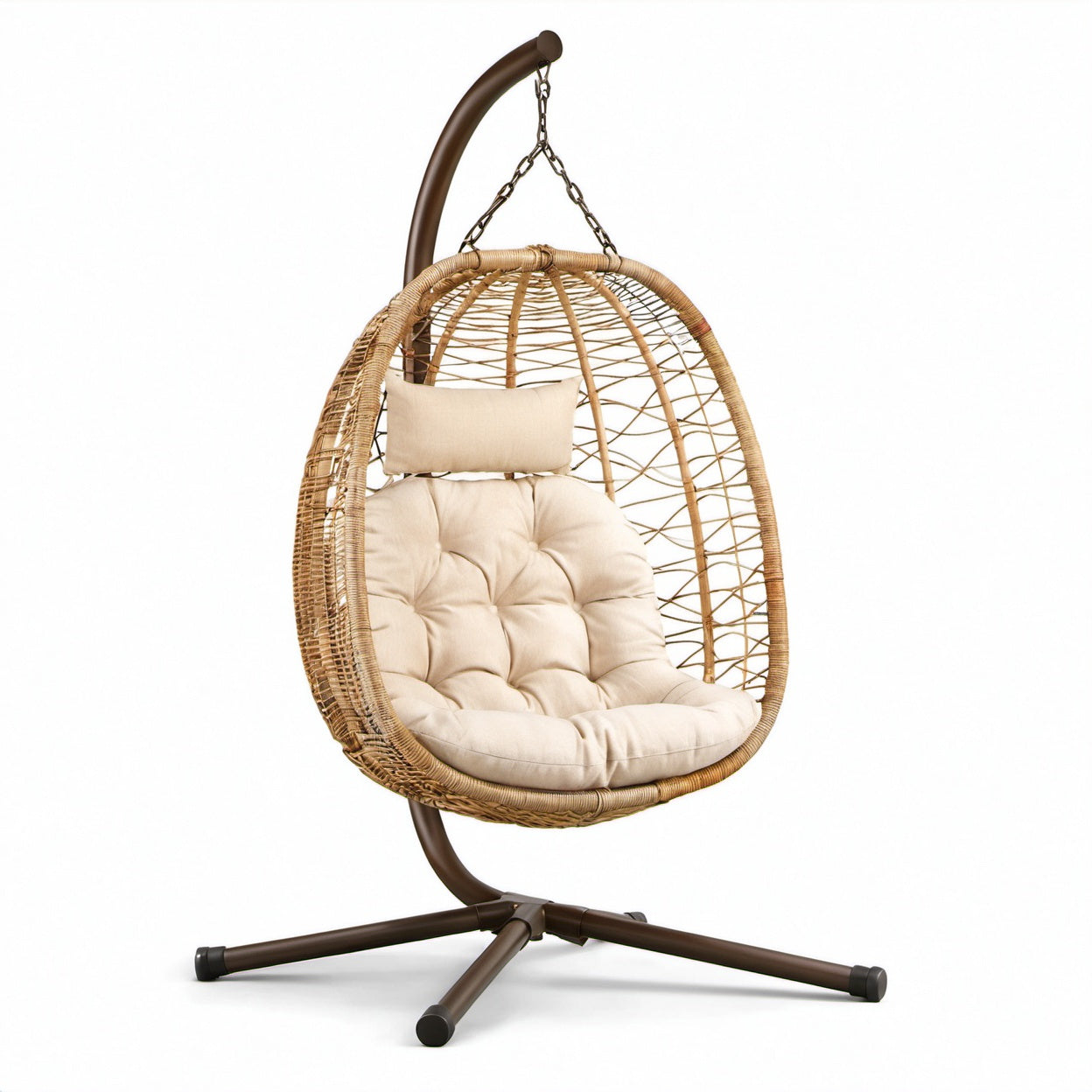 Poltrona sospesa con supporto, 115 × 100 × 195 cm, beige, crema e marrone