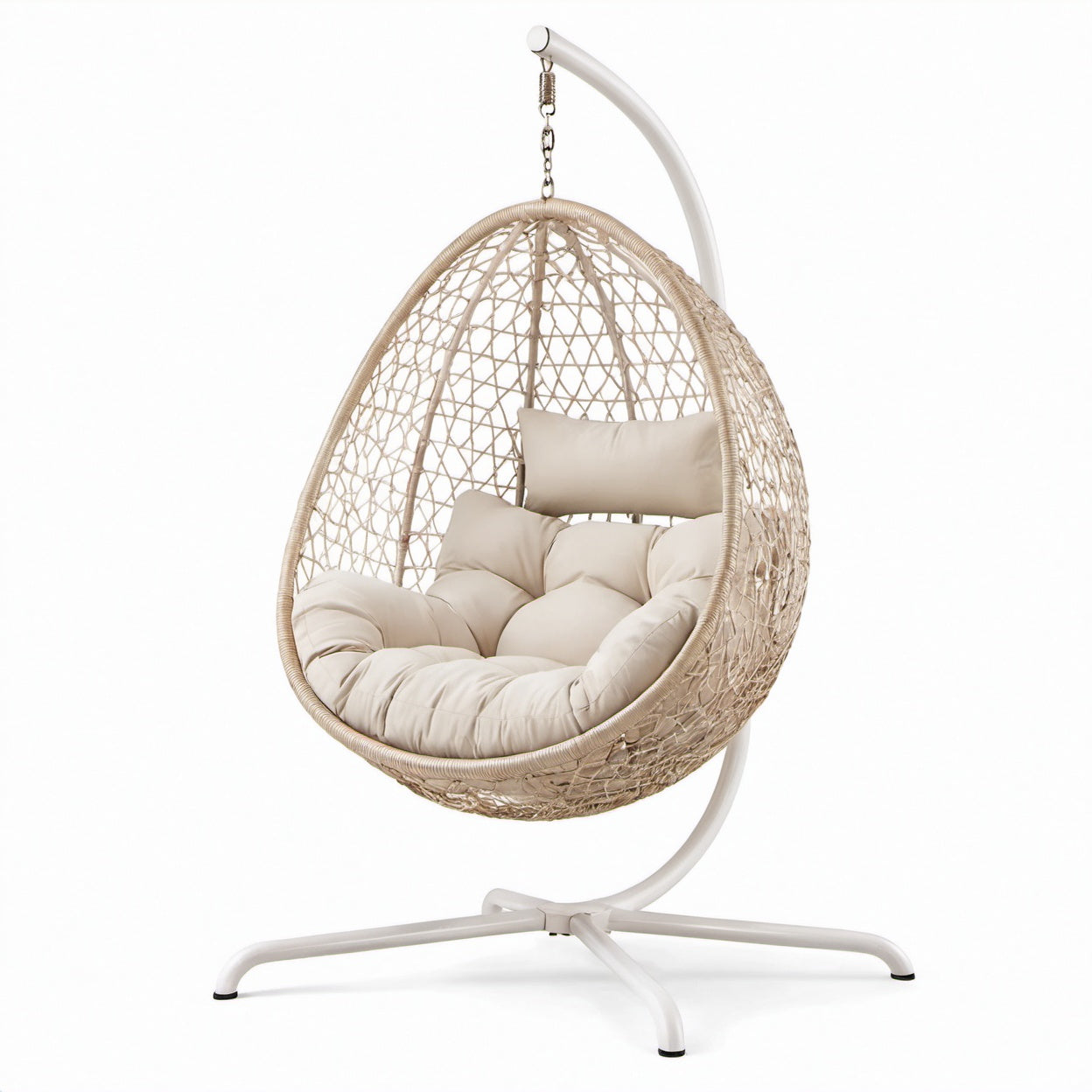 Poltrona sospesa beige con supporto bianco in acciaio, 105 × 105 × 195 cm