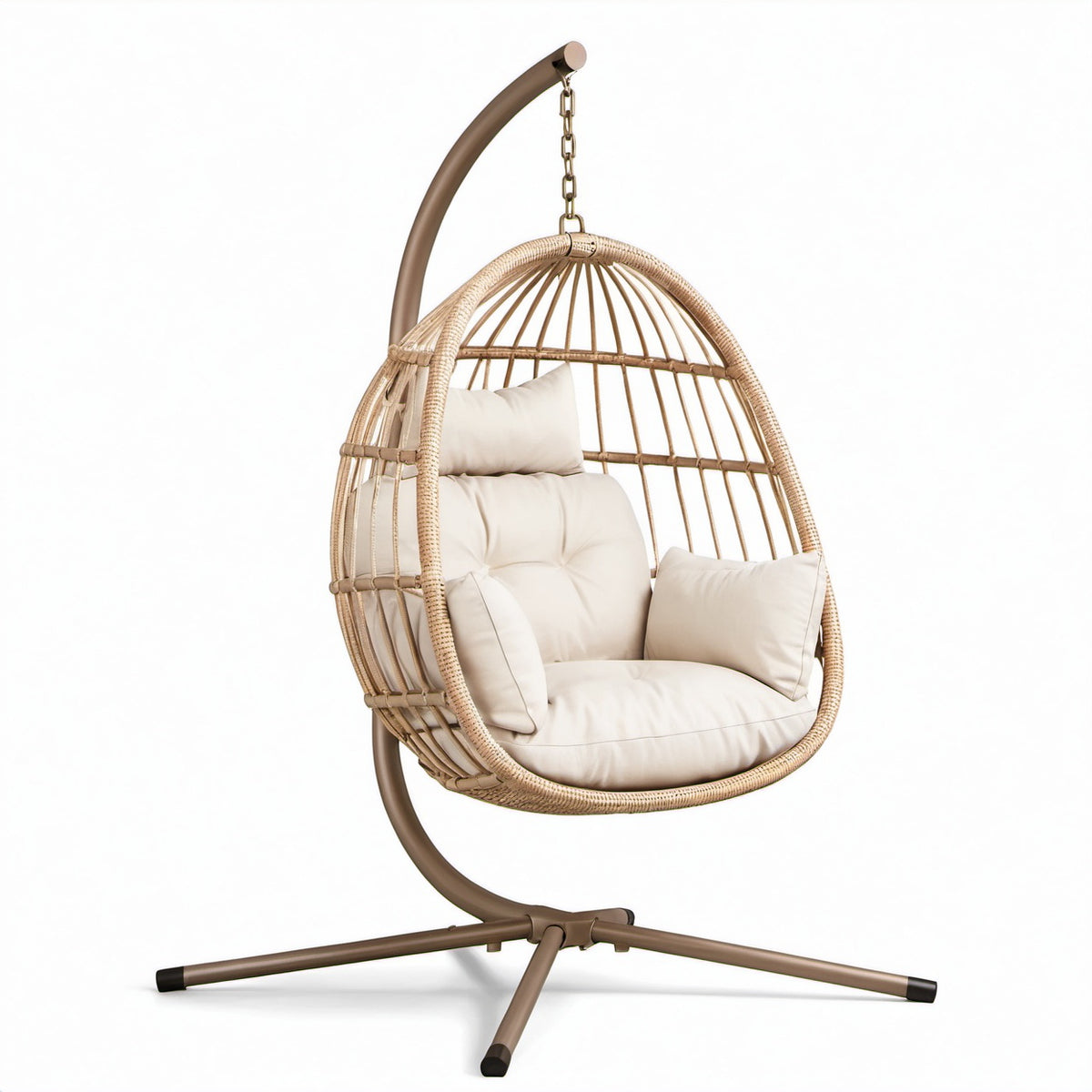 Poltrona sospesa con supporto autoportante in metallo e fibra sintetica, beige, crema e marrone, 105 × 105 × 195 cm